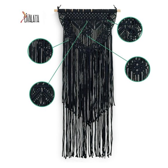 Boho Black Macrame Wall Hanging Woven Decor - Black 16 x 36 Inches - Picture 6 of 8